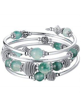 Beaded Chakra Wrap Bracelet Turquoise Mala Stone Boho Silver Bangle Women